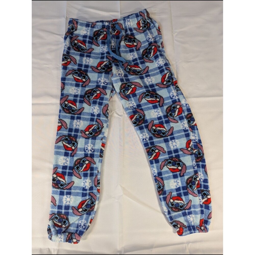 Disney Stitch Plaid Fleece Pajama Pants Womens Size S Blue Christmas